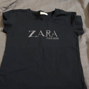 Zara Black Tee with Embellished Logo